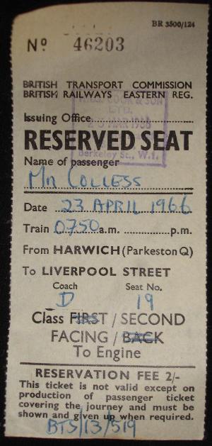 British Rail Reserved Seat ticket 